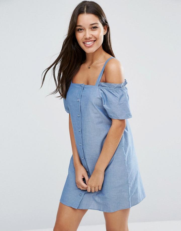 Asos Cold Shoulder Button Through Sundress In Chambray - Blue