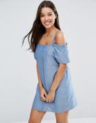 Asos Cold Shoulder Button Through Sundress In Chambray - Blue