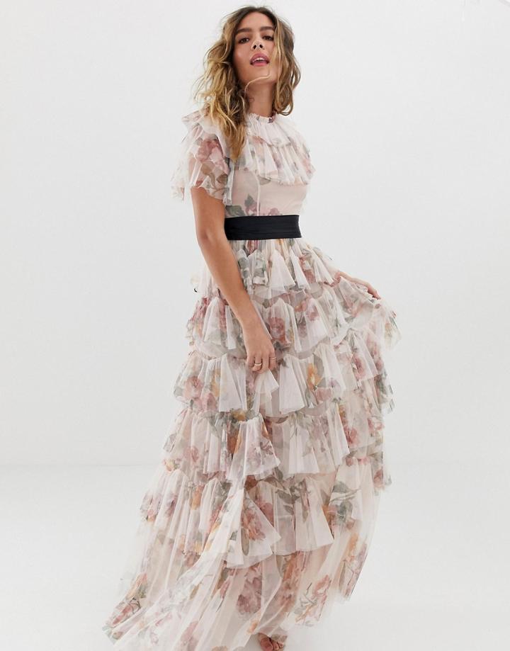 Needle & Thread Tiered Floral Maxi Dress With Contrast Waistband In Rose Quartz - Pink