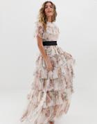 Needle & Thread Tiered Floral Maxi Dress With Contrast Waistband In Rose Quartz - Pink