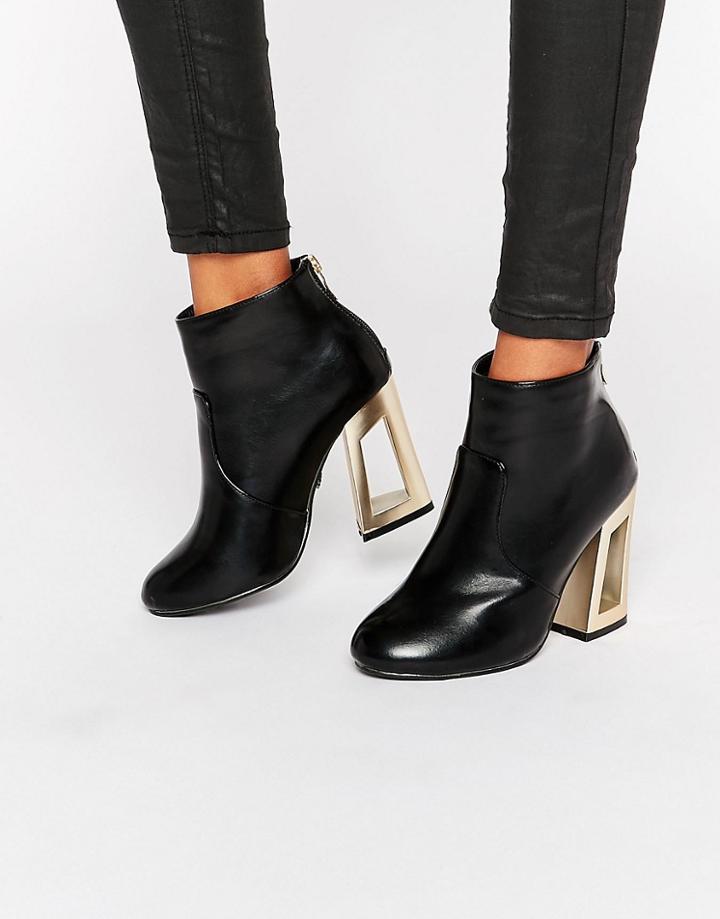 Daisy Street Gold Detail Heeled Ankle Boots - Black Pu