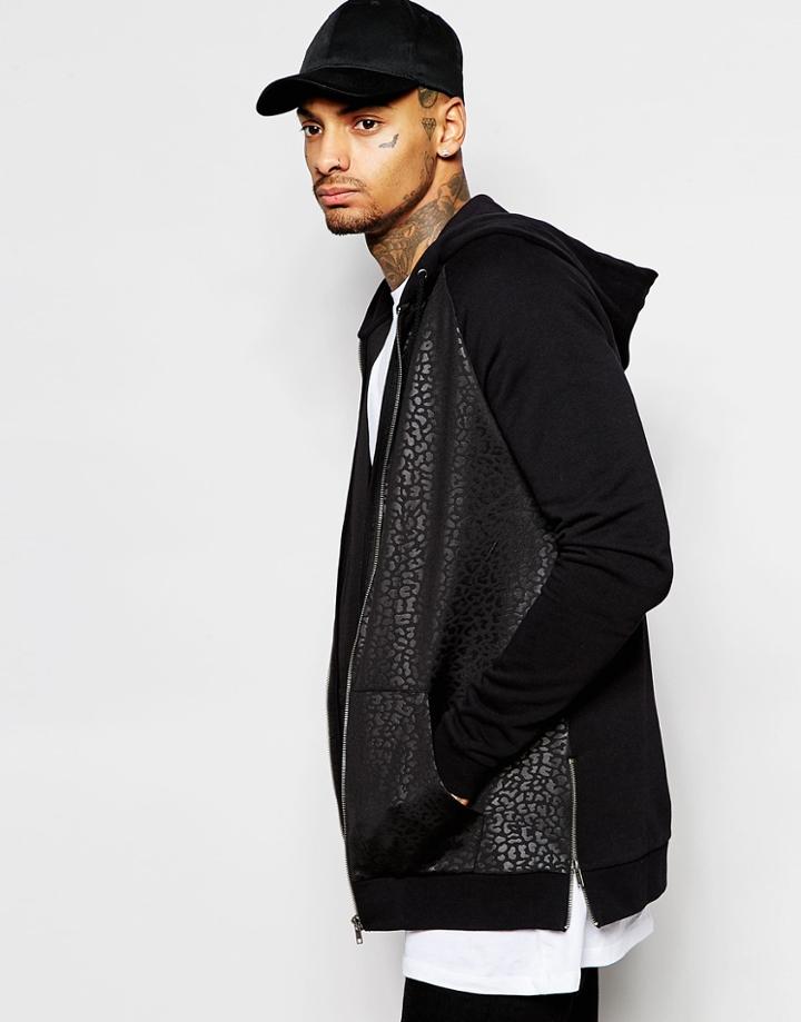 Asos Longline Zip Up Hoodie With Scuba Animal Print & Side Zips - Black