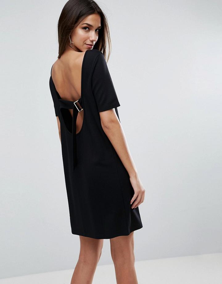 Asos Mini Shift Dress In Ponte With Low Back & Gold D-ring Detail - Black