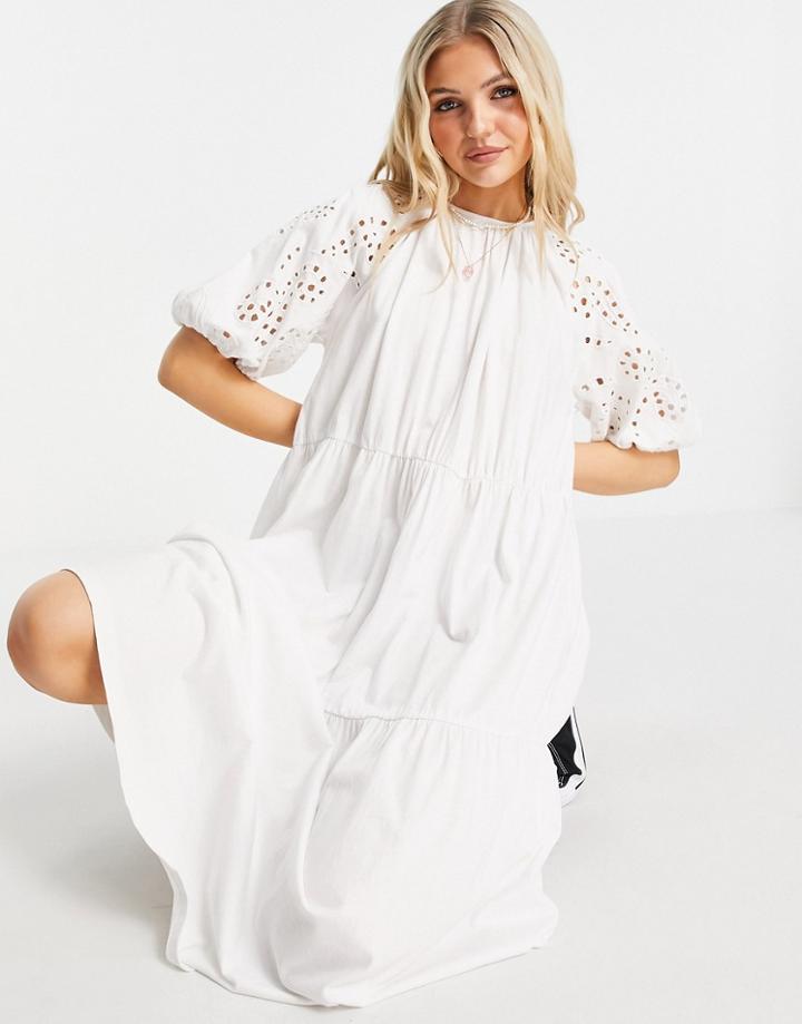 Asos Design Midi Dress With Gathered Neck And Embroidered Cut Out Detail And Tiered Hem In White