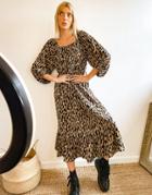 Selected Femme Midi Smock Dress In Sand And Black Brush Stroke Print-multi