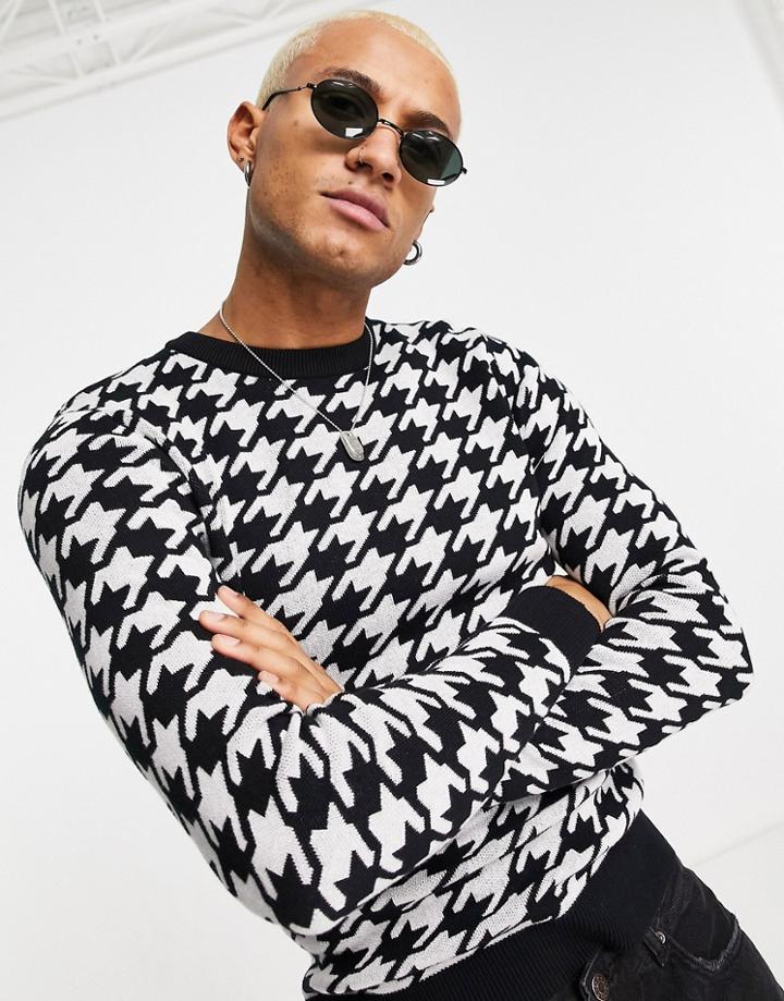 Jack & Jones Originals Houndstooth Sweater In Black & White-multi
