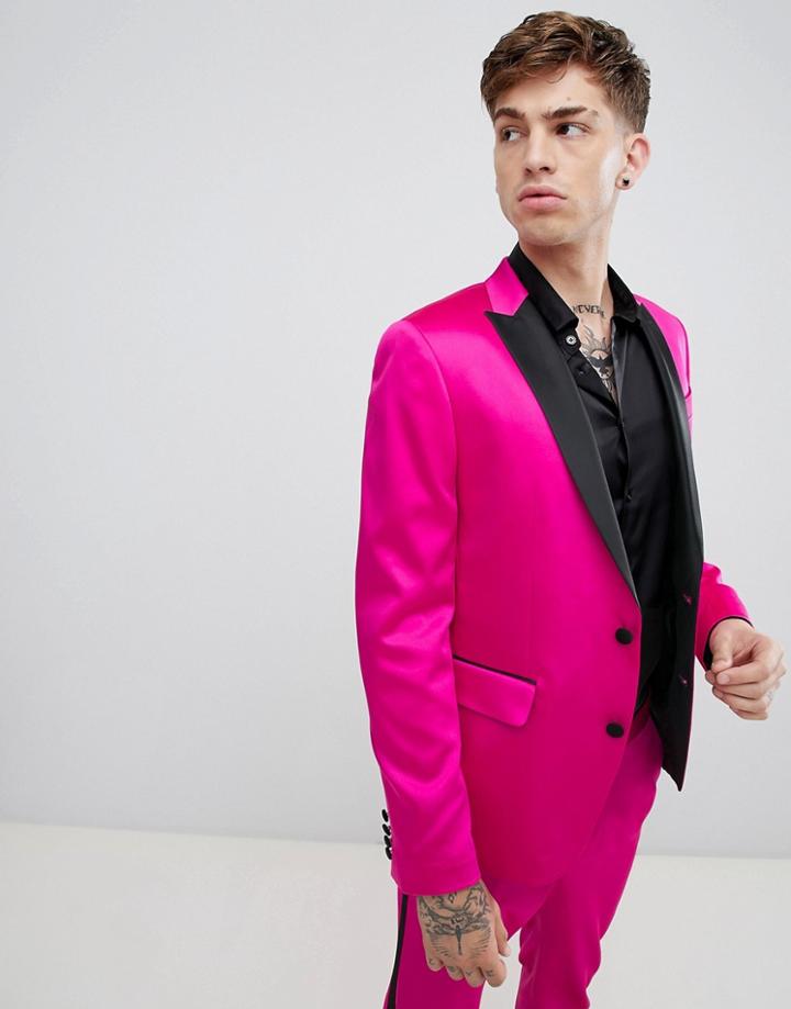 Asos Design Skinny Tuxedo Suit Jacket In High Shine Pink - Pink