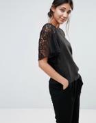 Little Mistress Kimono Sleeve Top With Lace Panel - Black