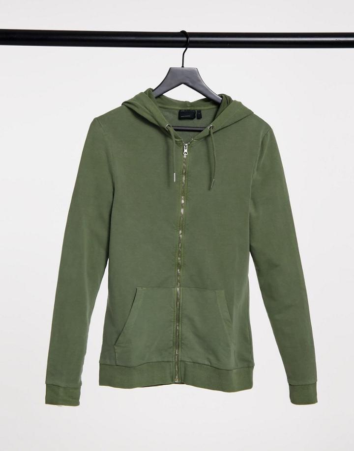 Asos Design Organic Muscle Zip Up Hoodie In Green Vintage Wash