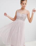 Little Mistress Midi Dress With Sheer Mesh Embroidered Top And Tulle Skirt - Pink