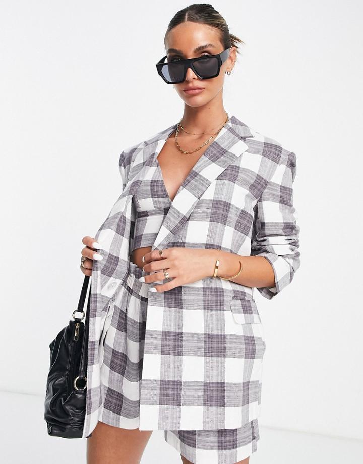 Asos Design Linen Check Double Breasted Suit Blazer In Check In Multi