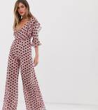 Dark Pink Plunge Front Jumpsuit In Pink Spot - Multi