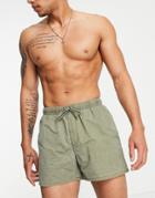 Asos Design Swim Shorts In Khaki Acid Wash Short Length-green