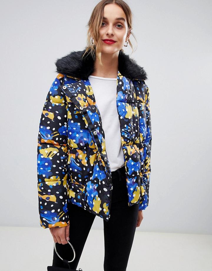 Lost Ink Padded Jacket With Faux Fur Collar In Polka Dot - Multi