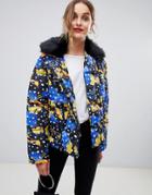 Lost Ink Padded Jacket With Faux Fur Collar In Polka Dot - Multi