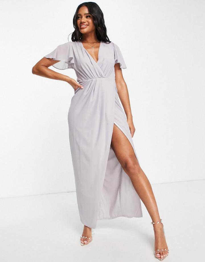 Tfnc Bridesmaid Chiffon Wrap Front Maxi Dress With Flutter Sleeves In Gray