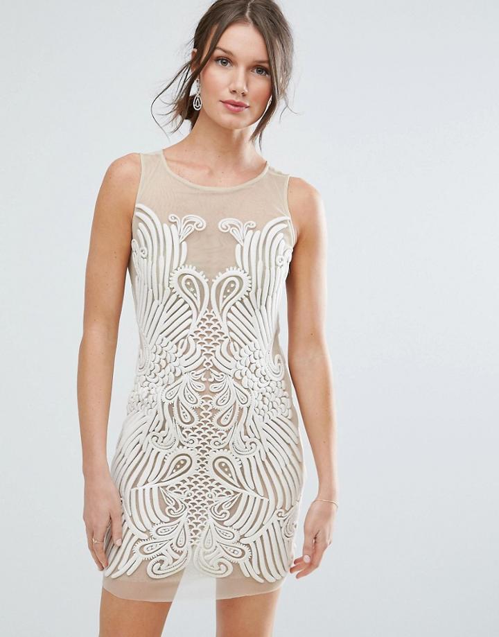 Asos Placed Illusion Embroidered Mini Dress - Beige