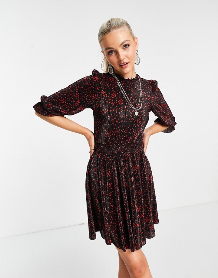 Lipsy Plisse Volume Sleeve Mini Skater Dress In Red Floral Print-multi