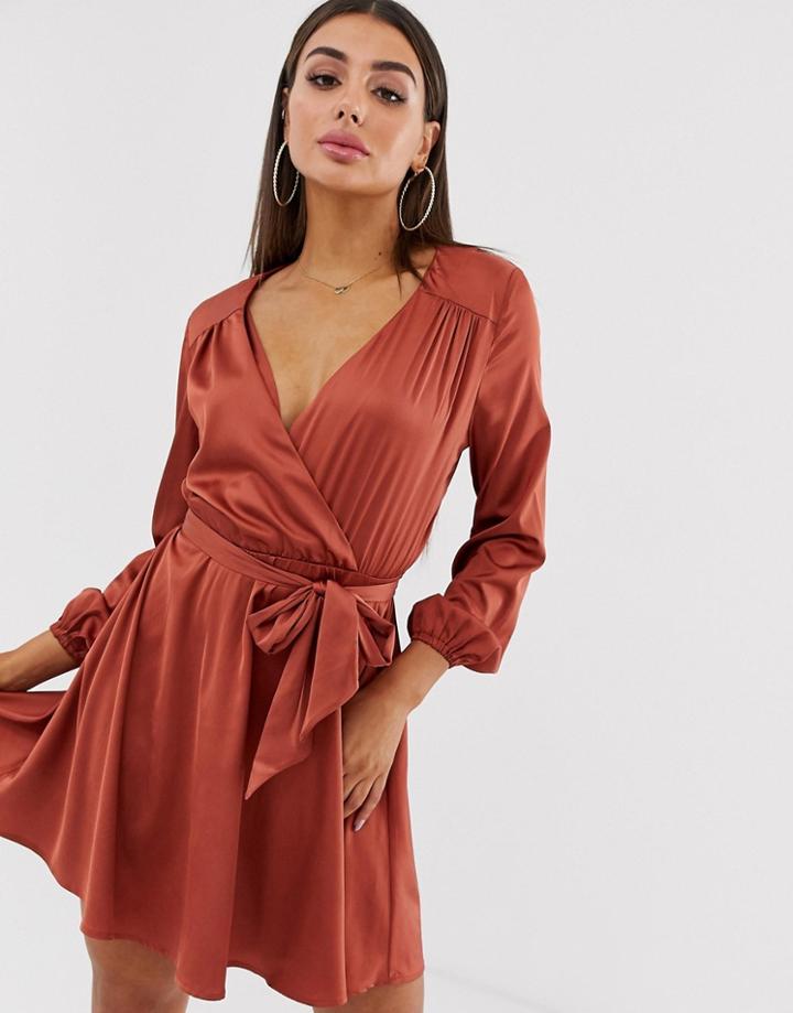 Koco & K Plunge Front Satin Skater Dress With Belt Detail In Rust - Red