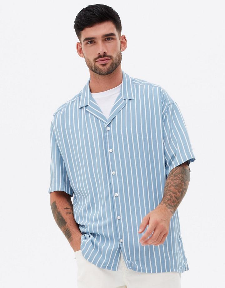 New Look Short Sleeve Oversized Striped Shirt In Mid Blue-white