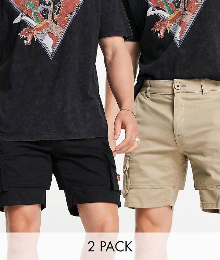 Only & Sons 2 Pack Cargo Shorts In Black And Beige-multi