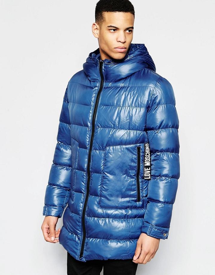 Love Moschino Long Padded Jacket Logo Label - Blue