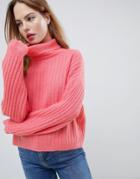 Asos Design Fluffy Sweater In Rib With Roll Neck - Pink