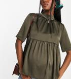 Asos Design Maternity High Neck Short Sleeve Peplum Smock In Satin-green