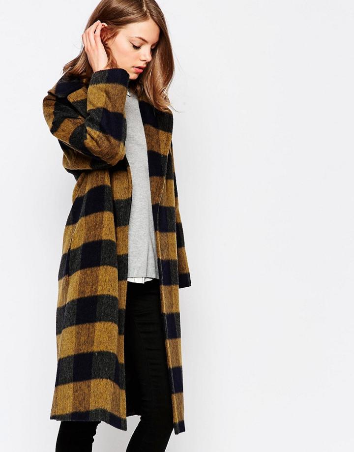 Helene Berman Mustard Shadow Check Coat With Oversized Collar - Yellow