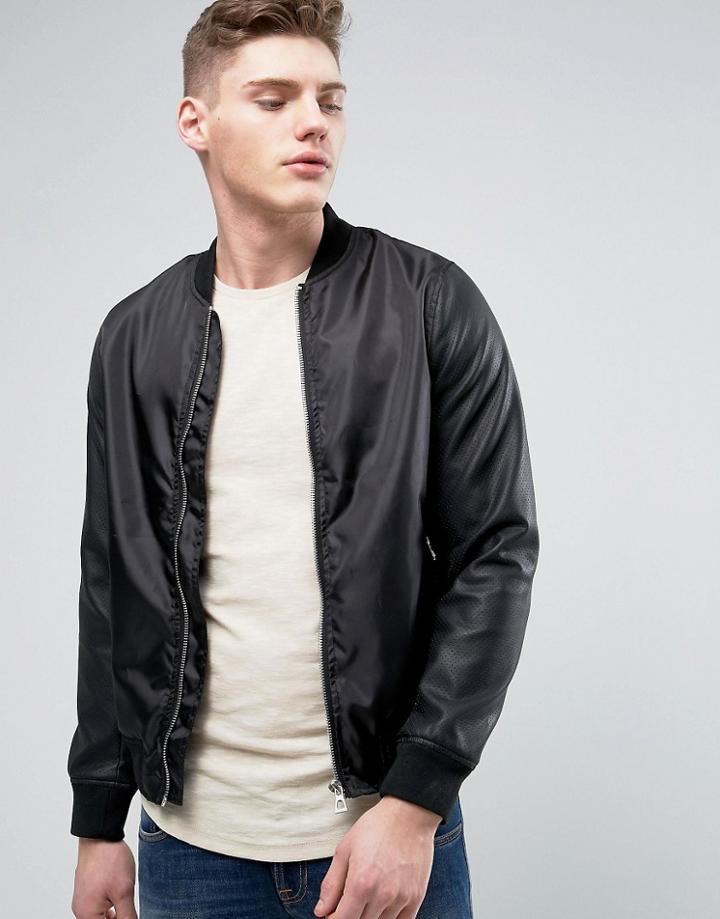 Barneys Faux Leather Mix Bomber Jacket - Black