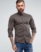 Asos Slim Shirt With Stretch And Button Down Collar In Khaki - Green
