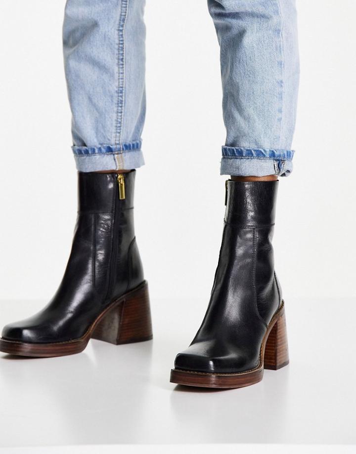 Asos Design Region Leather Mid-heel Boots In Black