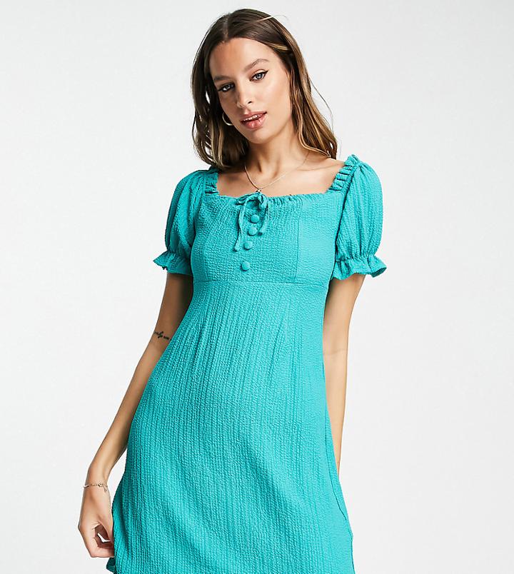 Lola May Tall Off Shoulder Button Front Mini Dress In Teal-blue