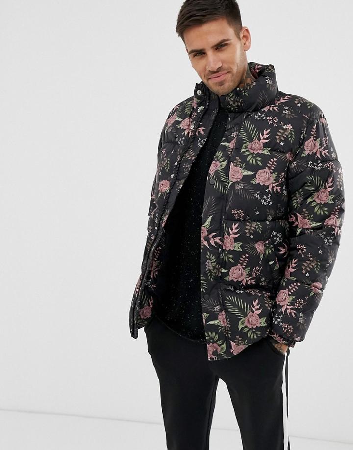 Pull & Bear Puffer Jacket In Black Floral Print - Black