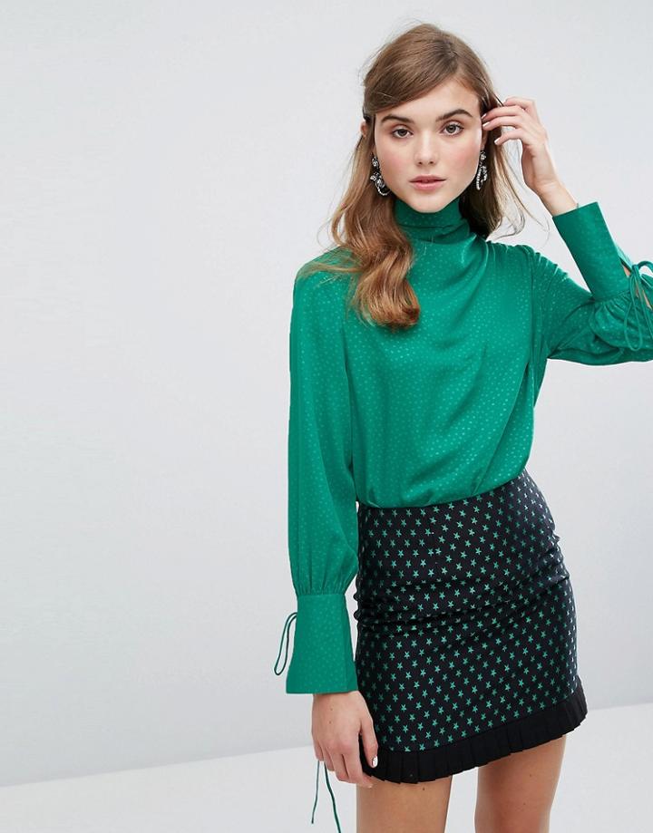 Sister Jane Drapey Blouse In Spot Satin - Green