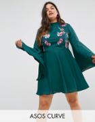 Asos Curve Dramatic Sleeve Embroidered Mini Dress - Green