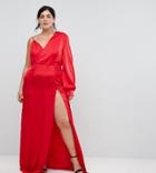 Ttya Black Plus One Shoulder Maxi Dress With High Thigh Split-red