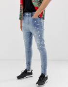 Religion Drop Crotch Carrot Fit Jeans With Zips In Blue Wash - Blue