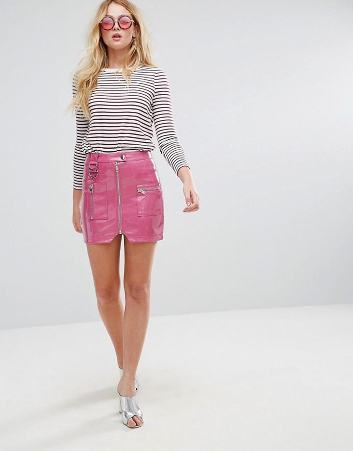 Asos Premium Vinyl Mini Skirt With Zip And D Ring Detail - Pink