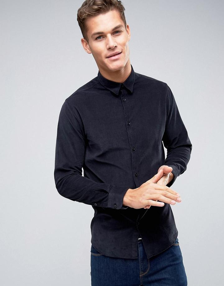 Selected Homme Long Sleeve Slim Shirt In Cord - Black