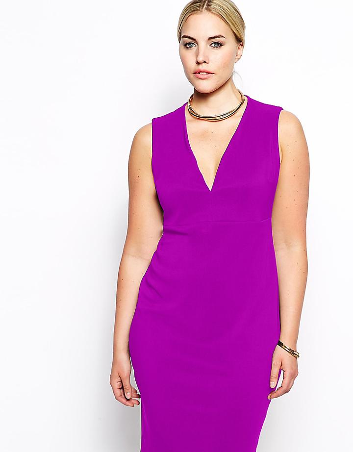 Asos Curve Exclusive Bodycon Dress In Rib With Deep Plunge Neckline - Black