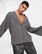 Asos Design Long Sleeve Oversized Jersey Cardigan With Tie In Dark Gray-grey