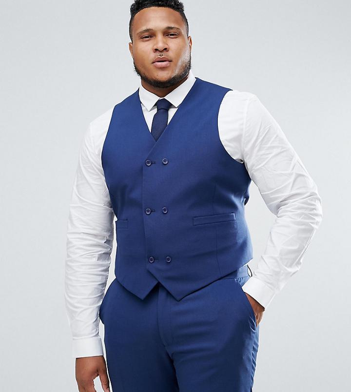 Asos Plus Wedding Skinny Suit Vest In Navy Cross Hatch With Printed Lining - Navy