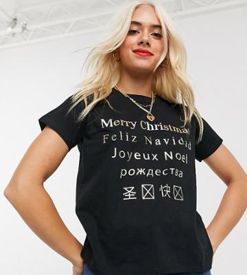 Asos Design Petite Holidays T-shirt With Happy Holidays Translation In Foil Print-black