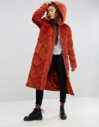 Asos Longline Puffer Coat In Quilted Velvet - Red