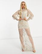 Starlet Long Sleeve Sheer Embellished Midaxi Dress In Champagne-gold