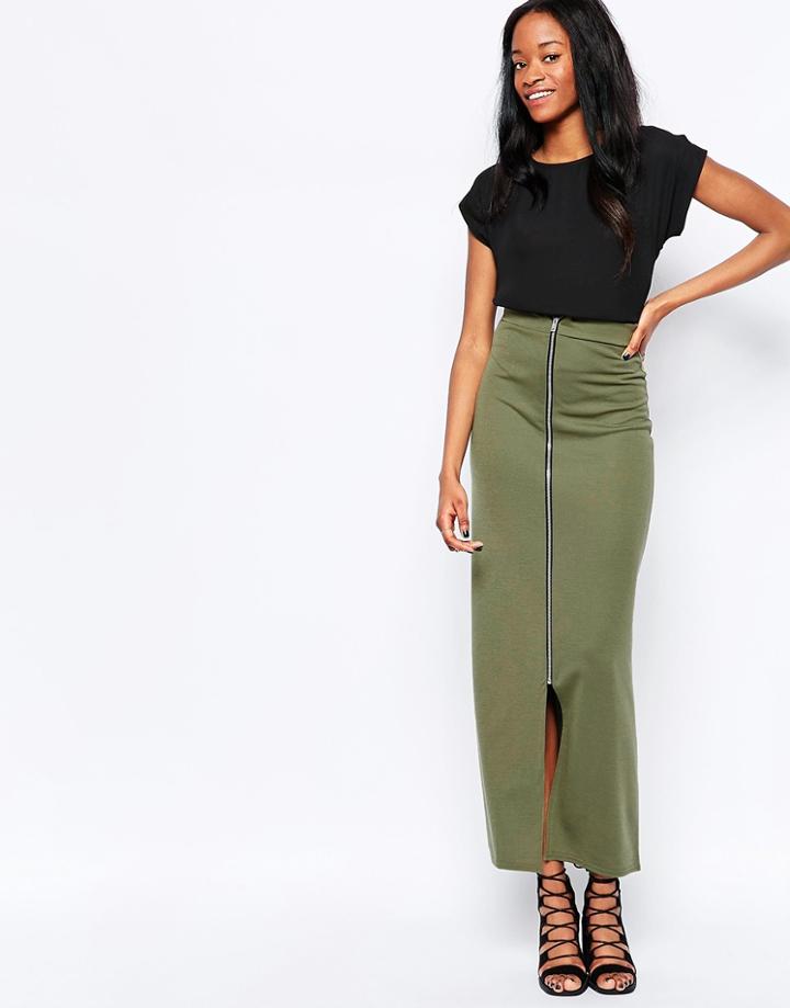 Daisy Street Maxi Skirt With Side Zip Detail - Khaki