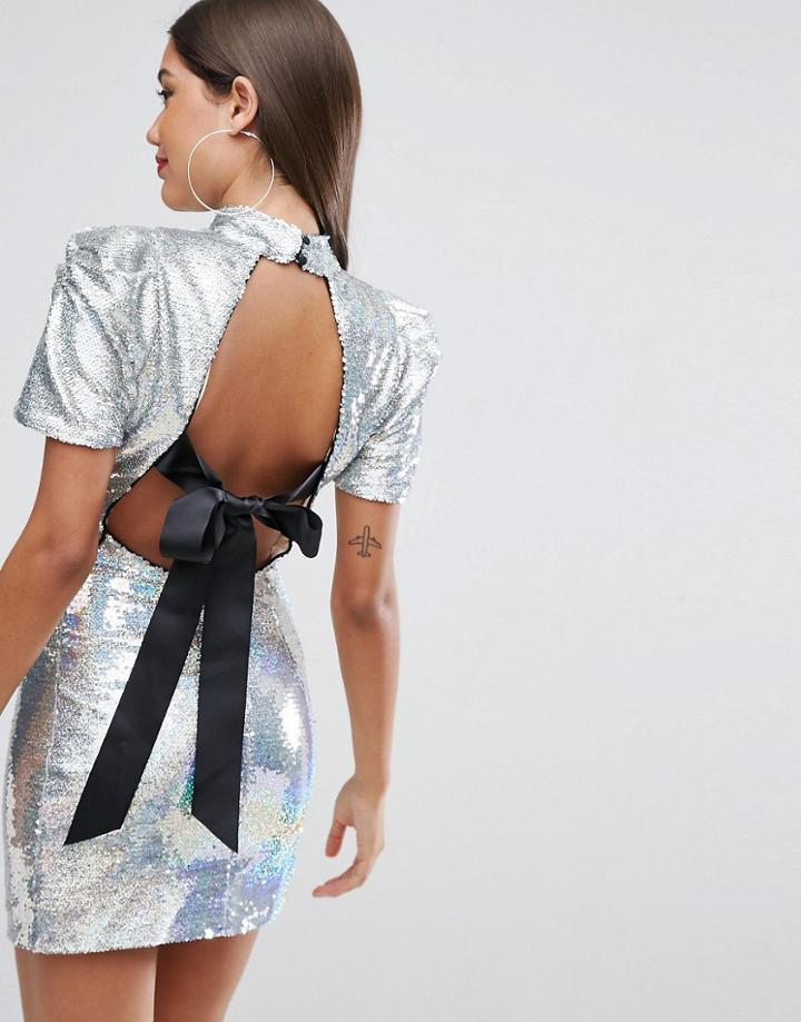 Asos 80's Sleeve Sequin Iridescent Bow Back Mini Dress - Silver