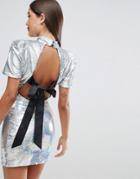 Asos 80's Sleeve Sequin Iridescent Bow Back Mini Dress - Silver
