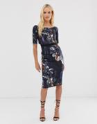 Little Mistress Three Quarter Sleeve Floral Print Pencil Midi Dress-multi